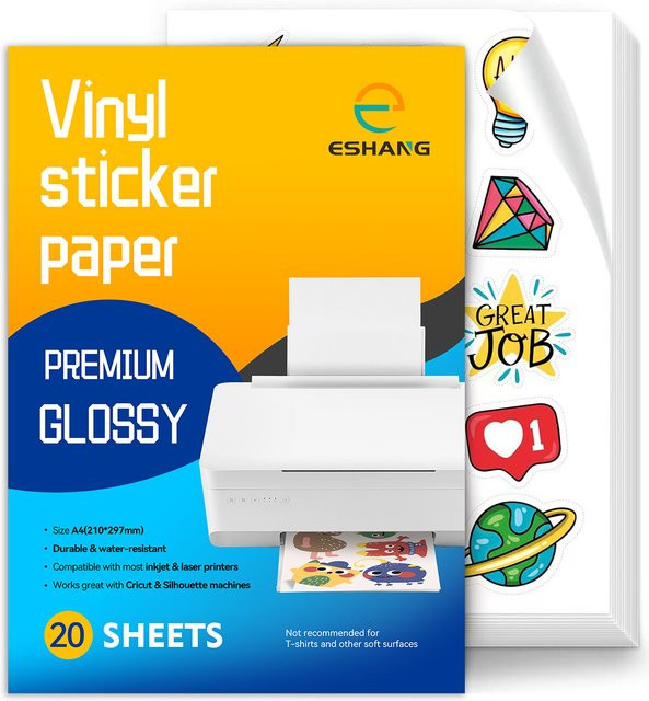 ESHANG Druckbares Vinyl-Aufkleberpapier für Tintenstrahldrucker, hochglänzend und wasserfest, weiß, A4 - Bild 1