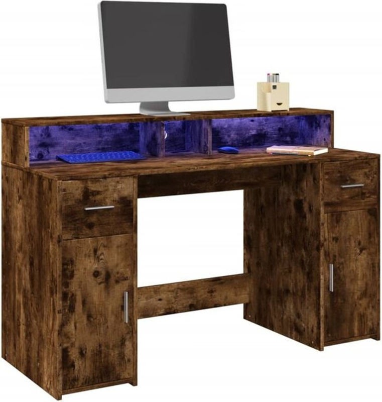 Vidaxl LED Schreibtisch in Räuchereiche Braun aus Holzwerkstoff, Modern, B: 140 cm, T: 55 cm, H: 91 cm - Bild 1
