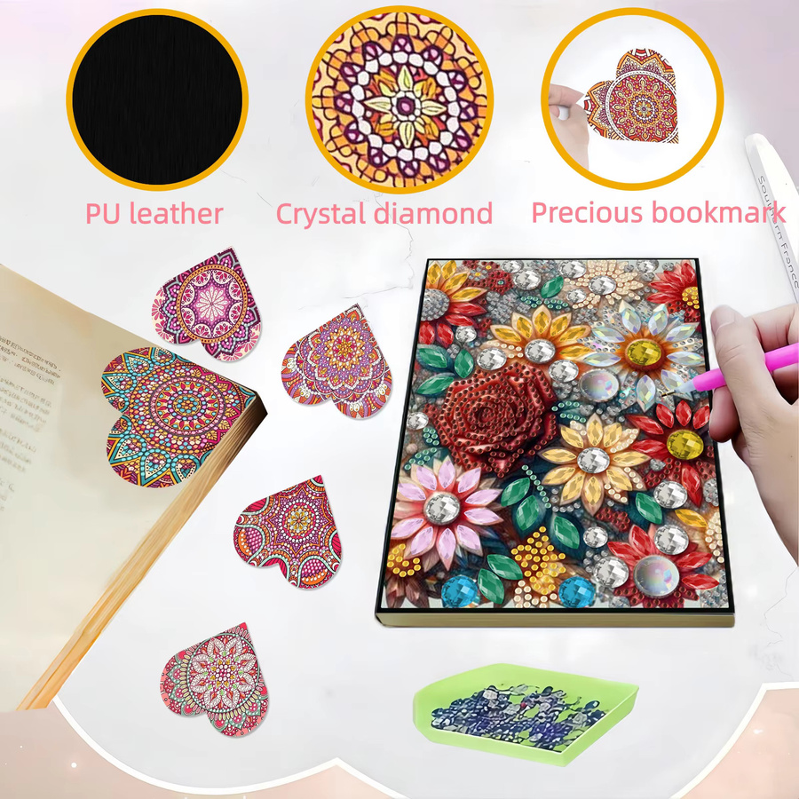 7-teiliges Diamond-Painting-Set mit Notizbuch aus PU-Leder und 6 Lesezeichen in Multicolour mit Mandala- und Blumenmustern - Bild 4