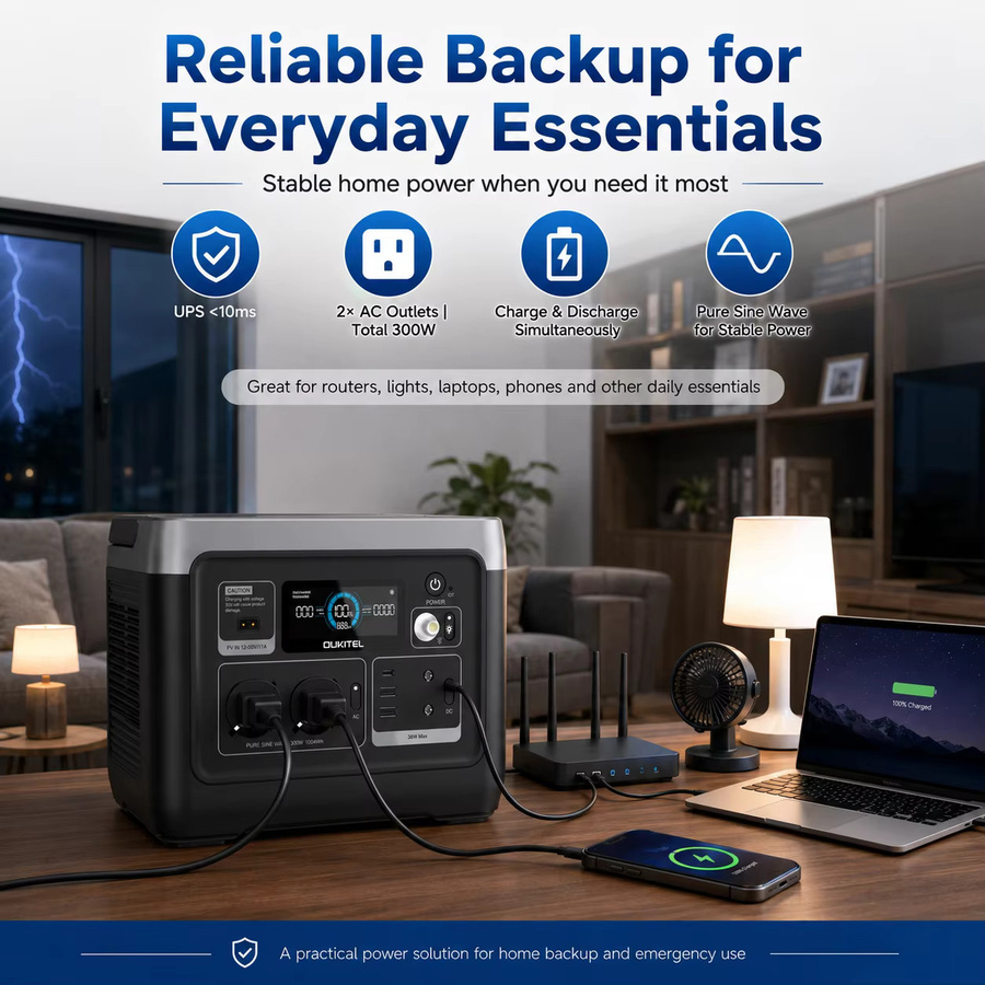 OUKITEL P1001E Tragbare Powerstation mit 1004,8Wh, 300W AC und 600W Spitzenleistung, LiFePO4 Akku, 200W Solar-Eingang und USV-Funktion, Reine Sinuswelle, 230V EU - Bild 4
