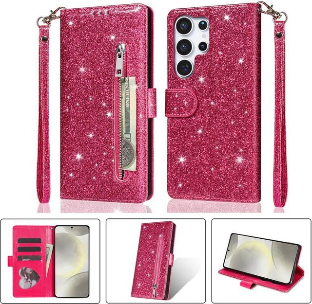 Glitzer Leder Flip Wallet Hülle mit Reißverschluss für Samsung Galaxy S25 Plus in Rosa - Bild 1