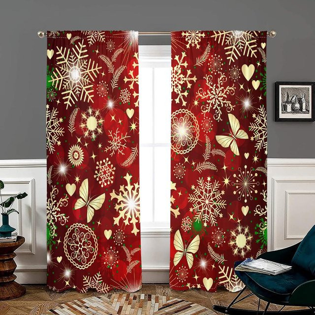 2er-Set Weihnachtsdekoration Vorhänge Rot Glitzernd mit Rod Pocket, B: 150 cm, H: 166 cm - Bild 1
