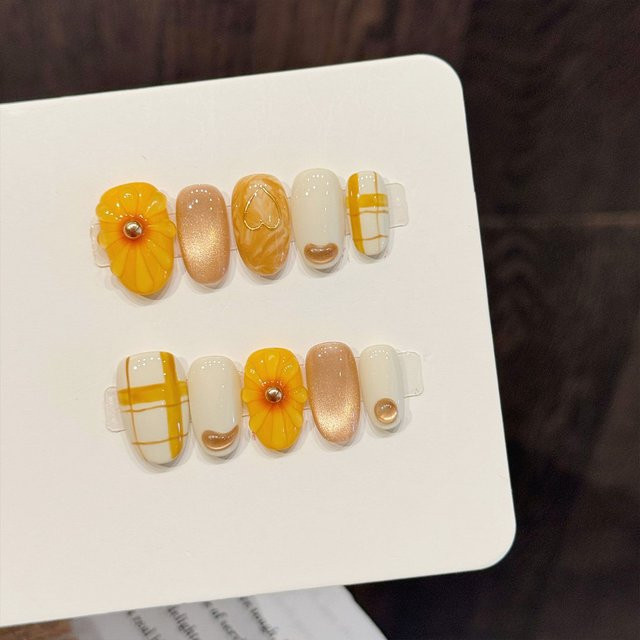 YADORNOS Kunstnägel, oval, 3D-Blüten-Design, orange, goldener Samt, 10 Stück - Bild 1