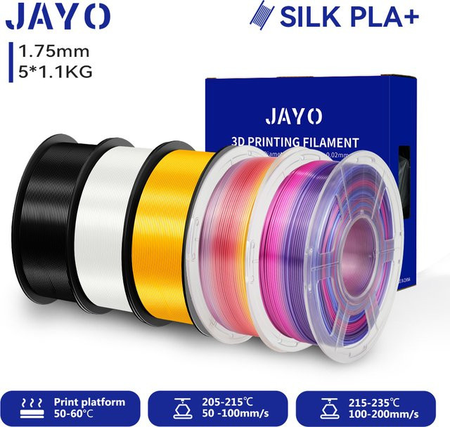 JAYO 3D Silk PLA+ Filament Set, 1,75 mm, 5 Rollen in Schwarz und Weiß für FDM 3D-Drucker - Bild 1