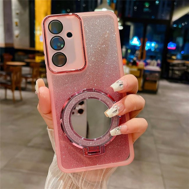 Fudusaidman Glitzer Spiegel Handyhülle mit Magnetischer Abdeckung und weichem Ständer für Samsung Galaxy A35 in Pink - Bild 1