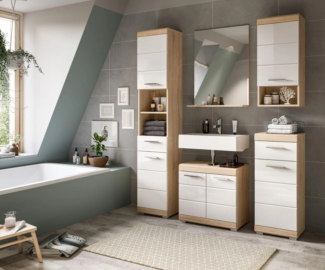 Inn.Furn Badmöbel Set Mambo 2-teilig in Weiß Hochglanz und Eiche, Breite: 60 cm - Bild 2