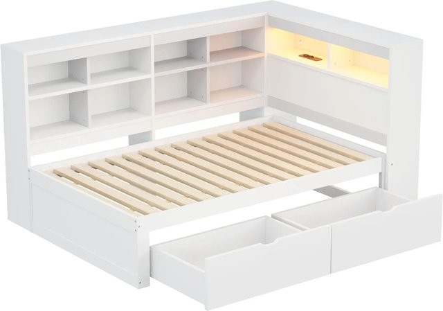 Merax Holzbett mit LED-Beleuchtung, USB-Anschluss und Stauraum in Weiß und Grau, B/T/H: 90 x 200 x 116 cm - Bild 1