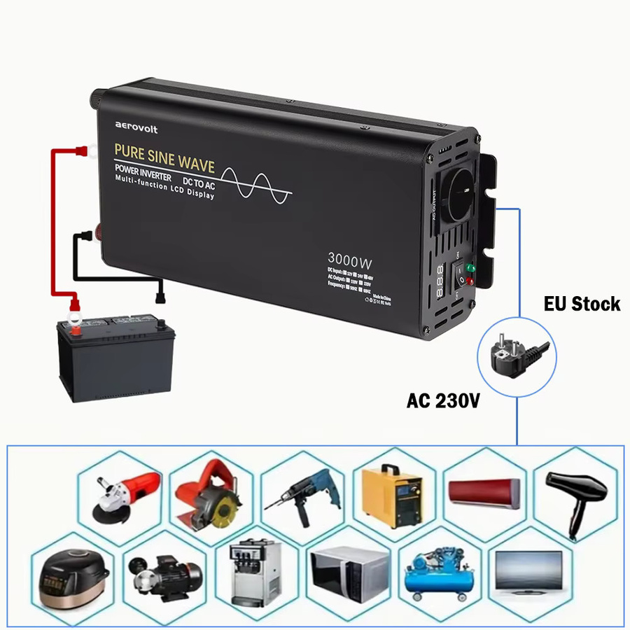Peak Reiner Sinus-Wechselrichter 3000W 1000W DC 12V 24V 48V zu AC 220V 230V 50Hz mit intelligenter Kühlung und EU-Steckdose, Schwarz - Bild 3