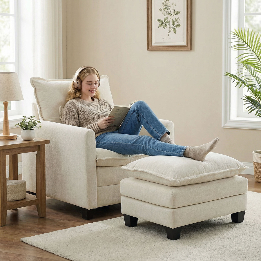 HOMCOM Wohnzimmer-Sessel mit Fußhocker aus Chenille in Creme, moderner 1-Sitzer mit Federkernkissen und breiter Sitzfläche - Bild 2