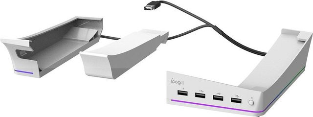 FourAll RGB-Horizontalständerkonsole für PS5 Slim Disc & Digital mit 14 Lichtmodi, 4 USB-Hubs und Schnellladefunktion für Controller, Weiß, B/T/H: 22 x 12,4 x 6,1 cm - Bild 1