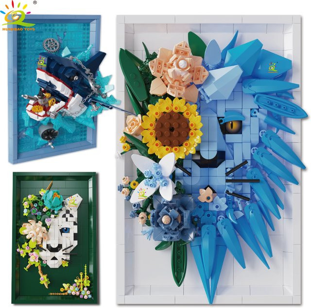 HUIQIBAO MOC Löwe Leopard Hai mit Blume, Bausteine Tiermodell, Set - Bild 1