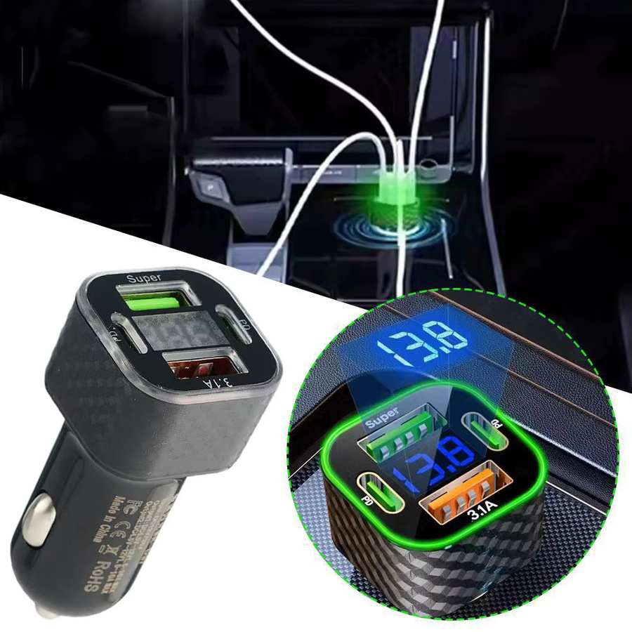 4 in 1 USB C Auto Ladegerät mit 380 W und Dual PD USB Ladestation inklusive Spannung Display in Schwarz für dein iPhone - Bild 3