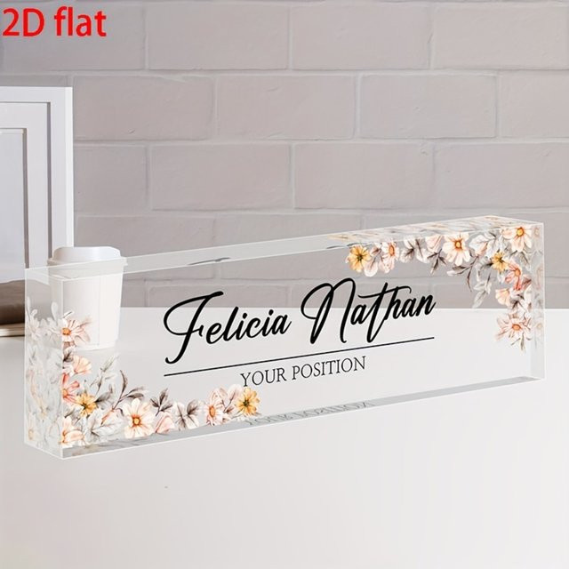 Personalisiertes Acryl-Schreibtisch-Namensschild von Hello Young mit individuellem Namen, Text und Datum in floralem Design, transparent mit roter Schrift, rechteckiges Tischschild für Büro und Dekoration - Bild 1