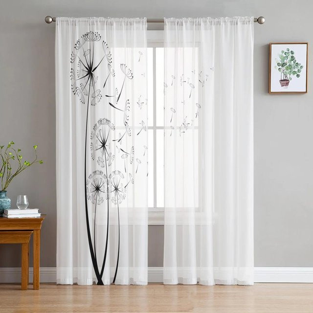 Yiran Furniture Transparentes Tüll-Fensterdekoration mit Löwenzahn-Blumenmuster in Schwarz und Weiß, Breite: 135 cm, Höhe: 137 cm - Bild 1