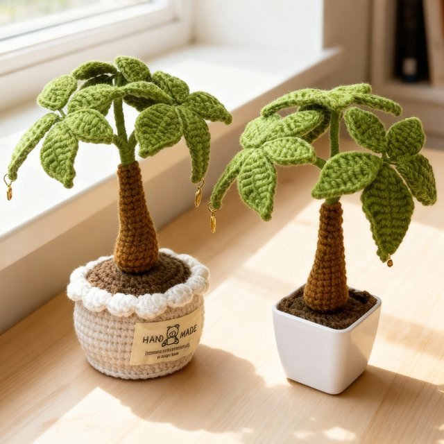 Handgefertigte gehäkelte Geldbaum-Topfpflanze in Grün als dekorative Tischdekoration im Boho-Stil - Bild 1