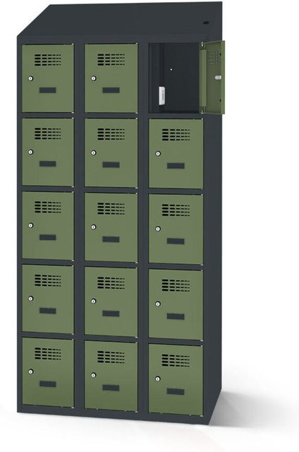 rotstahl Fächerschrank mit 15 Fächern und Ladefunktion, Farbe: Hellgrün mit anthrazitgrauem Korpus, B: 90 cm, H: 200 cm - Bild 1