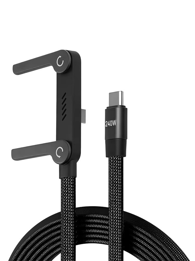 BESY 2-in-1 Tragbares USB-C Schnellladekabel mit faltbarem Handyhalter, 240 W, Schwarz - Bild 4