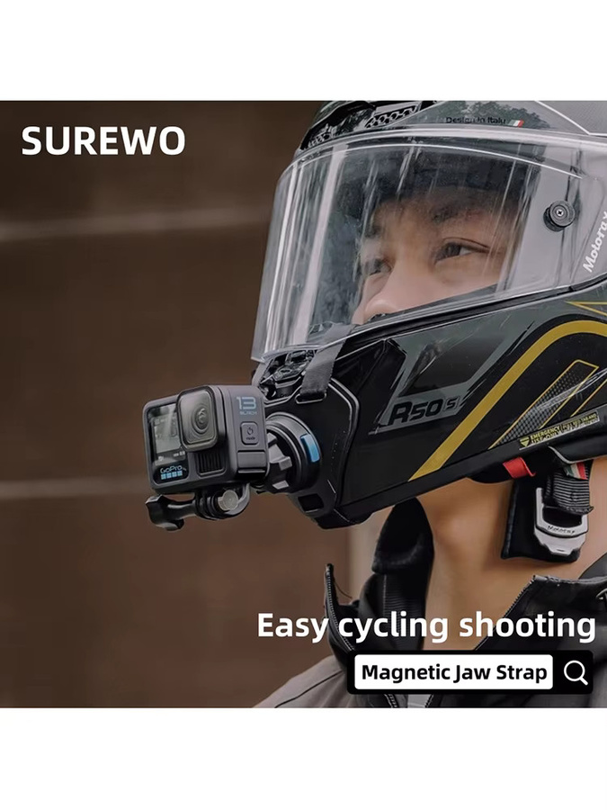 SUREWO Magnetischer Backenriemen mit Schnellverschluss als Helmhalterung für DJI Action 5 Pro 4/3 und GoPro 13/12/11 in Schwarz - Bild 6