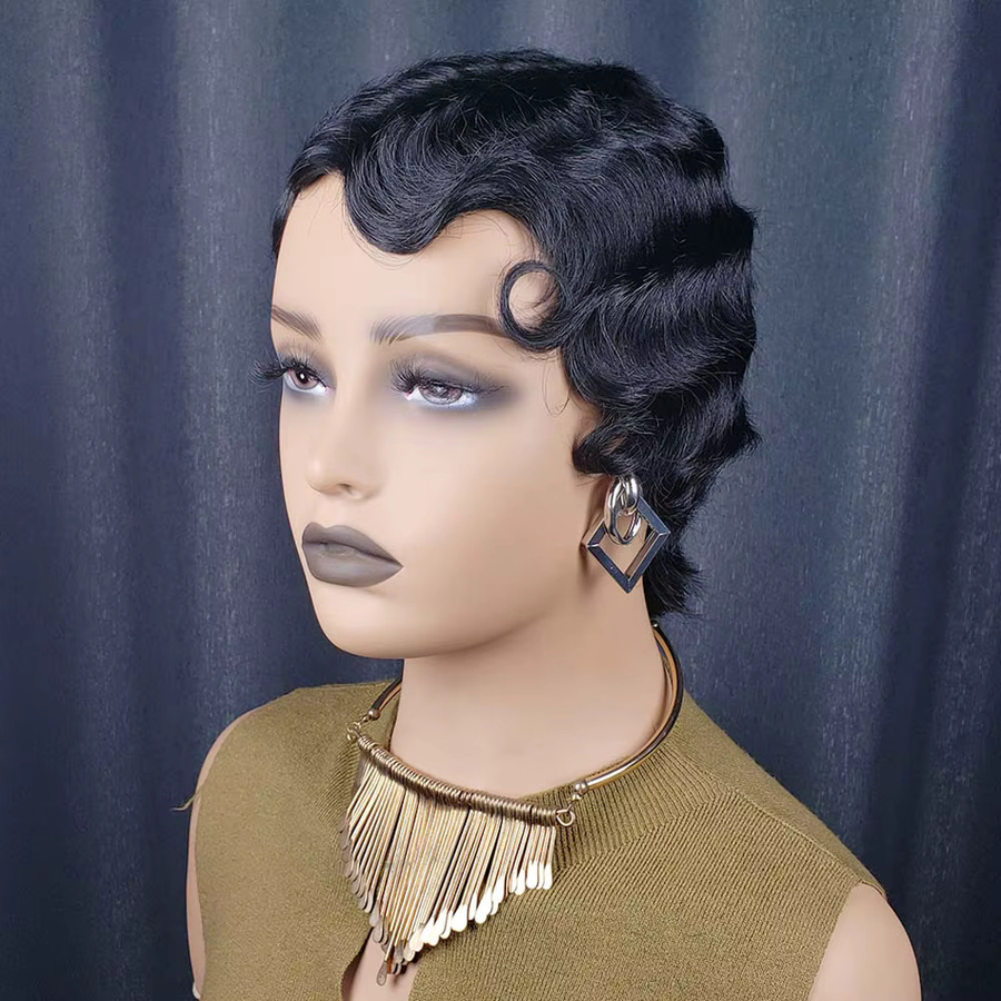 OYM HAIR Pixie-Schnitt-Perücke, Remy-Echthaar, kurz, lockig, schwarz - Bild 2