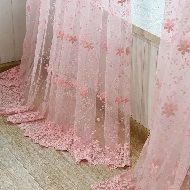 AiFish Transparent Vorhang mit rosa Blumenstickerei im Vintage Bauernhaus Stil, Breite: 100 cm, Höhe: 180 cm - Bild 1