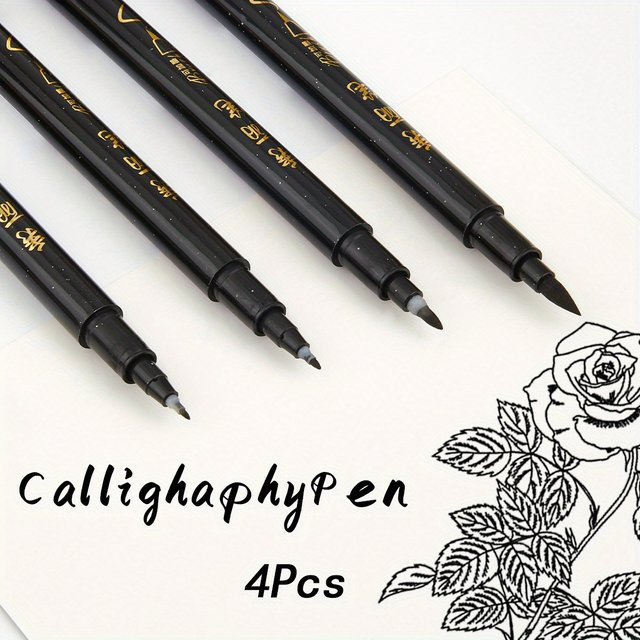 4-teiliges Kalligraphie-Stift-Set mit feiner und Pinselspitze, nachfüllbare schwarze Tinte, schlanker ovaler Kunststoffkörper in Matt-Optik - Bild 1