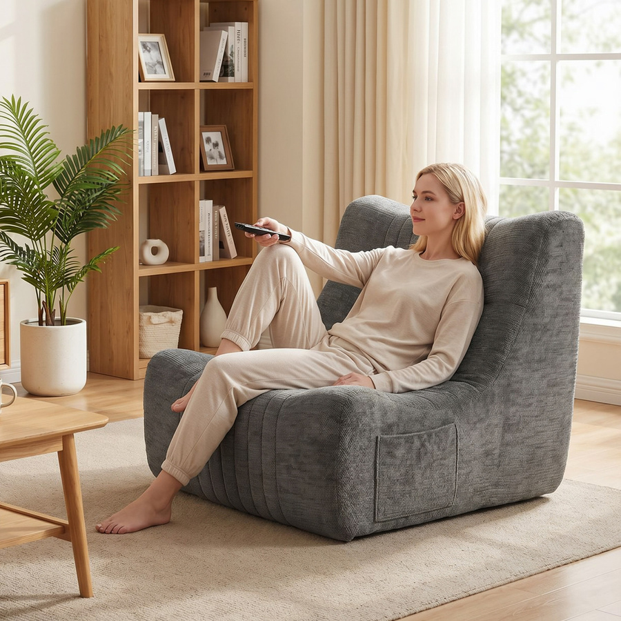 HOMCOM Bodensessel mit Rückenlehne in Kastaniengrau, rahmenloser Bodenstuhl aus Chenille mit Seitentaschen für Wohnzimmer, Schlafzimmer oder Büro - Bild 2