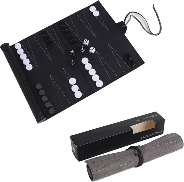 Ninth World Backgammon Roll-Up Reise-Brettspielset aus PU-Leder Schwarz - Bild 1