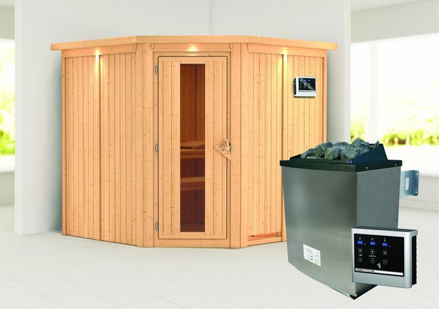 Karibu Sauna Jorma aus Fichte mit 9,0 kW Ofen, externem Steuergerät und LED-Dachkranz in Natur, B/T/H: 196 x 196 x 210 cm - Bild 1