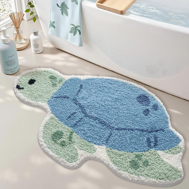 VIKAMA Cartoon Schildkröte Teppich aus Imitation Kaschmir, rutschfeste Bodenmatte für Kinderzimmer und Badezimmer, Blau, B/T: 60 x 40 cm - Bild 1