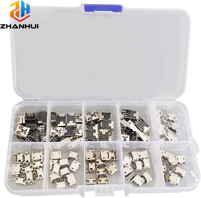 50-teiliges Micro-USB-Buchsen-Set in Silber mit 10 Modellen für SMD/DIP Lötarbeiten, ideal für DIY PCB, Arduino und Reparaturprojekte - Bild 1
