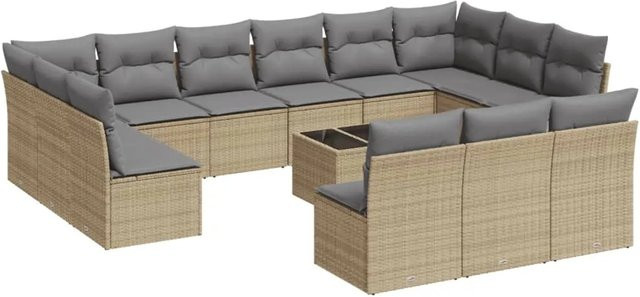 vidaXL 14-teilige Garten-Sofagarnitur aus Polyrattan in Beige-Grau mit Kissen und Stauraum - Bild 1