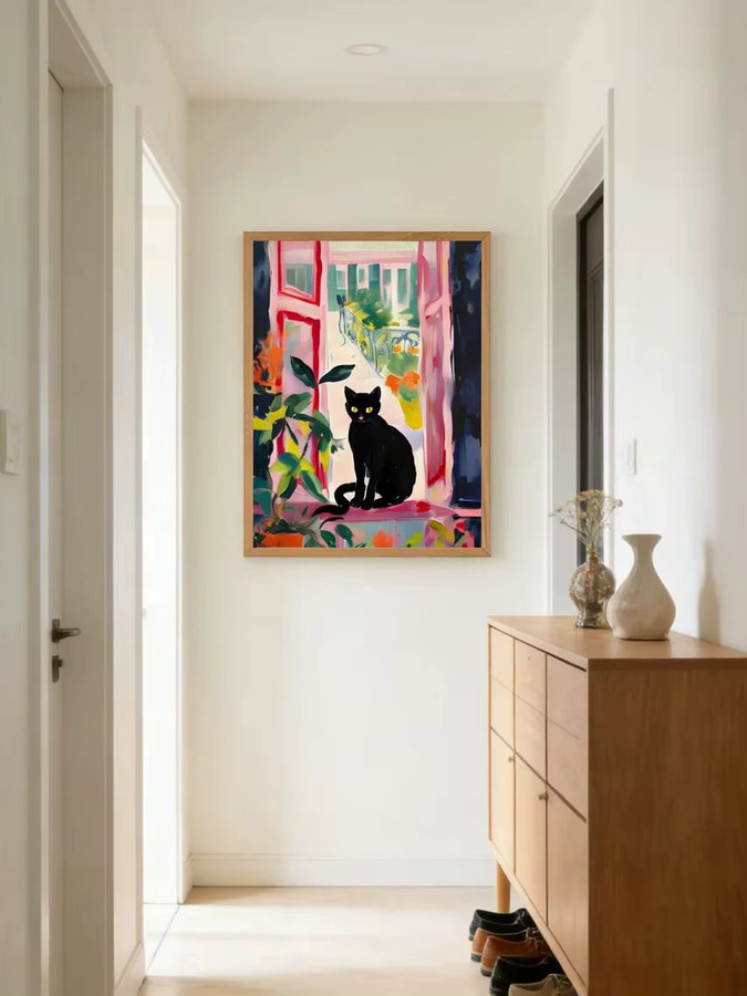 Modernes Poster Katze im offenen Fenster im Stil von Henri Matisse, buntes Fauvismus Gemälde mit schwarzer Katze und floralen Elementen, Mehrfarbig - Bild 6