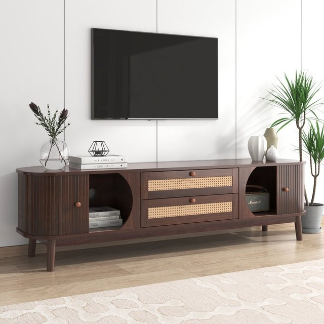 Aosom Fernsehschrank aus Massivholz mit Rattanseiten im Landhausstil, braun, B/T/H: 170 x 39,5 x 46 cm - Bild 1