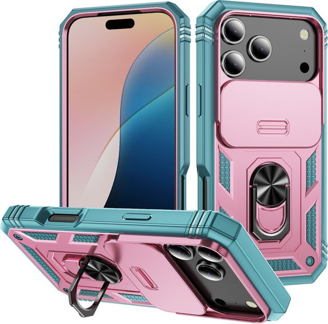 SZMUGUA Handyhülle mit 360-Grad-Ringhalterung und Schiebekamera-Schutz für iPhone 17 Air 16 16E 15 14 Plus 13 12 11 XS X XR Pro Max in Pink und Grün - Bild 1