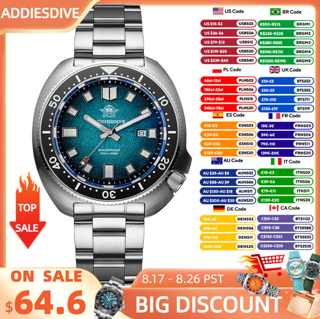 ADDIESDIVE Armbanduhr, Quarz, Edelstahl, 43,8 mm, Herren, Saphirglas, Blau - Bild 1