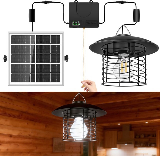 AMARYLLIS Solar-Pendelleuchte für Außenbereich in Schwarz mit Retro-Zugkettenschalter, IP65 wasserdicht, warmweißes Licht und Batterieanzeige - Bild 1