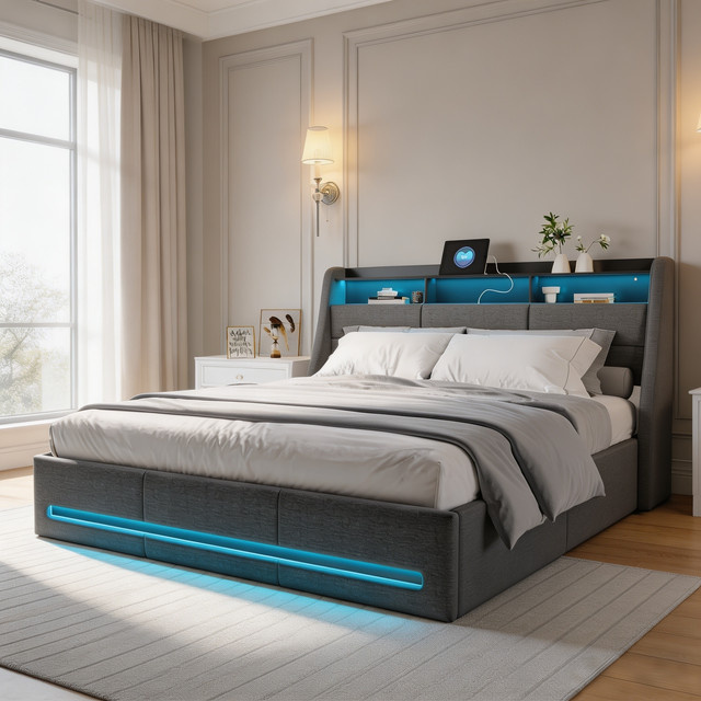 Fangange Gepolstertes Doppelbett mit Stauraum und RGB-LED in Grau, B/T/H: 160 x 200 cm, mit hydraulischem Gaslift, USB-Ladefunktion und Kopfteil-Regal - Bild 1