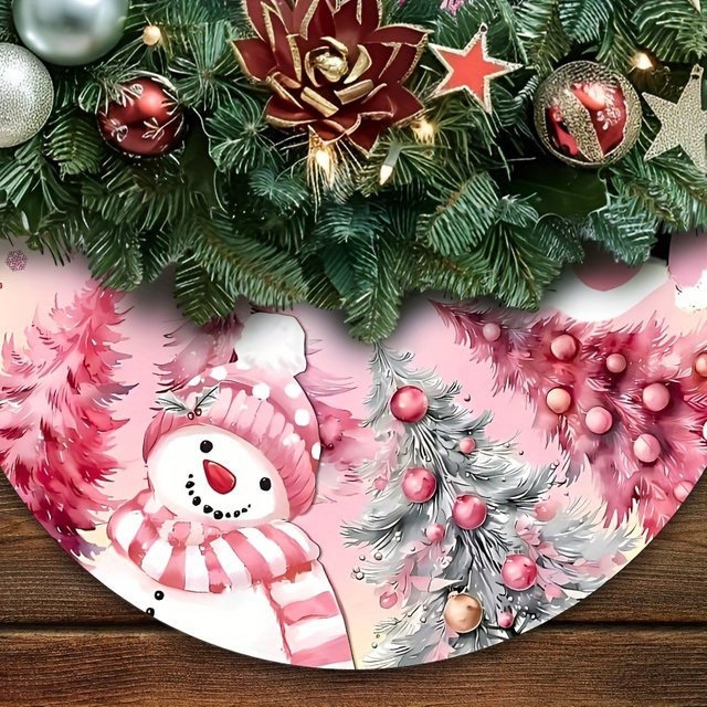 VIKAMA Weihnachtsbaumrock mit Schneemann und Weihnachtsmann in Rosa als festliche Dekoration - Bild 1