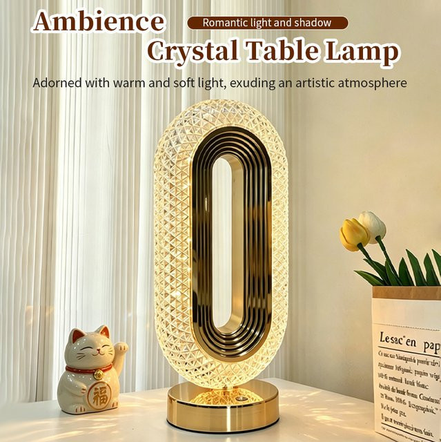 GGBEE LED-Kristall-Tischlampe mit Touch-Steuerung, dimmbar, USB-aufladbar, Stimmungslicht in Transparent und Gold/Messing für Schlafzimmer und Dekoration - Bild 1