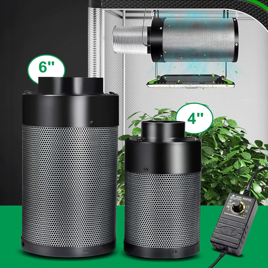 TRANYTON 2-in-1 Aktivkohle-Luftfilter-Set mit Geschwindigkeitsregelung für Indoor-Grow-Zelte und Hydroponik-Gewächshäuser, Schwarz, Metall - Bild 2