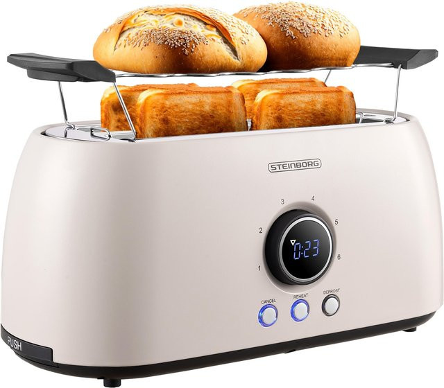 Steinborg XXL Toaster mit 4 Scheiben, Digitales Display und Brötchenaufsatz, Beige - Bild 1