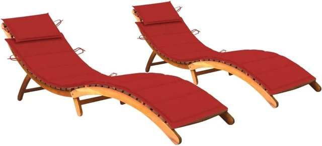 vidaXL Sonnenliegen Set aus 2 Stück aus Massivholz Akazie mit roten Auflagen in ergonomischer Form - Bild 1