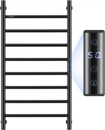 VEVOR Handtuchtrockner mit 8 Stangen, Wandmontage, beheizter Handtuchwärmer mit LED-Anzeige, Timer und 5 einstellbaren Temperaturstufen, Schwarz - Bild 1