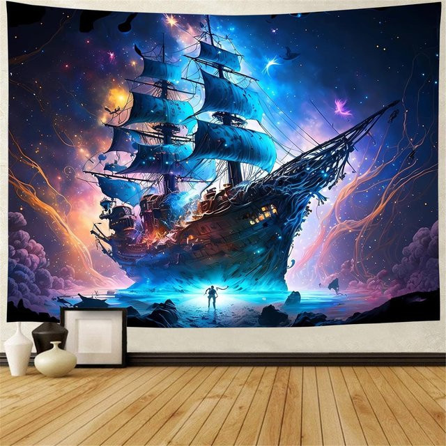 Nautischer Wandteppich JMG Household Supplies mit Geister-Segelboot und Meereslandschaft in Blau, Breite: 70 cm, Höhe: 100 cm - Bild 1