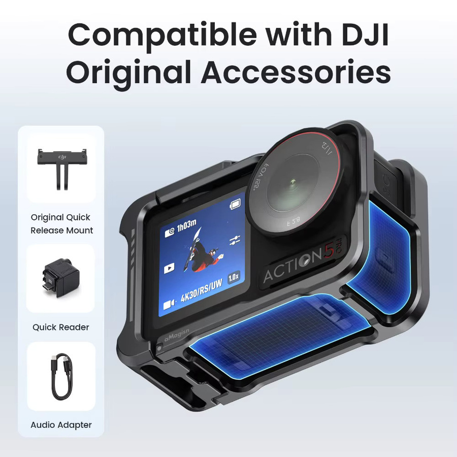 aMagisn Aluminiumlegierung Schnellverschluss-Kamerakäfig 2.0 für DJI Action 5 Pro / 4 / 3, Multifunktionaler Erweiterungs-Schutzrahmen in Schwarz - Bild 5