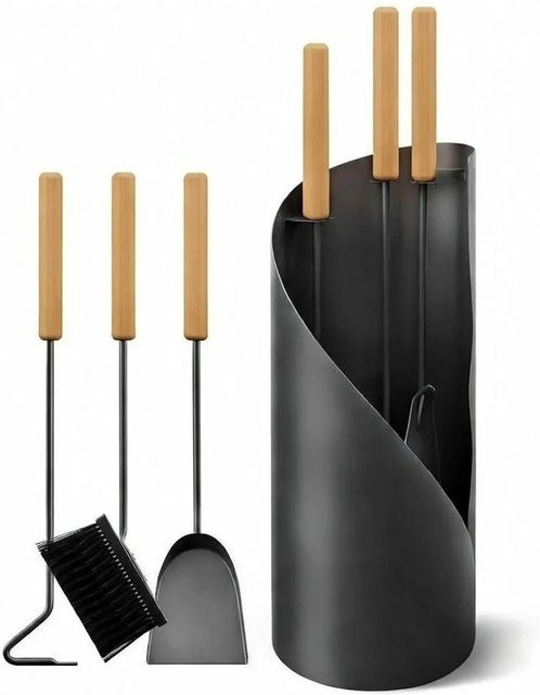 BLACK OAK Kaminbesteck VAIL 4-teiliges Kaminwerkzeug-Set aus pulverbeschichtetem Stahl in Schwarz mit Ständer für deinen Kaminofen - Bild 1