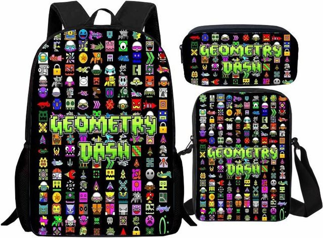 Geometry Dash Schülerrucksack Set von Fancy Style Studio, 3-teiliges Set mit Rucksack, Umhängetasche und Federtasche in Multicolour - Bild 1