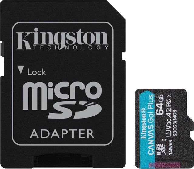 Kingston Canvas Go Plus microSDXC Speicherkarte, 64GB, Android A2, Klasse 10, UHS-I U3, V30, mit Adapter, Schwarz - Bild 1
