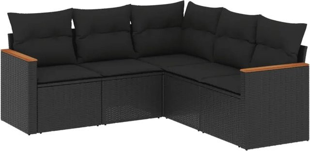 vidaXL 5-teilige Garten-Sofagarnitur in L-Form aus schwarzem Poly-Rattan mit Kissen und pulverbeschichtetem Stahlgestell - Bild 1