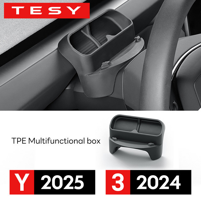 TESY Silikon-Handyhalter und Aufbewahrungsbox für Tesla Model Y Juniper 2025 und Model 3 Highland, inklusive Sonnenbrillenständer, Schwarz - Bild 1